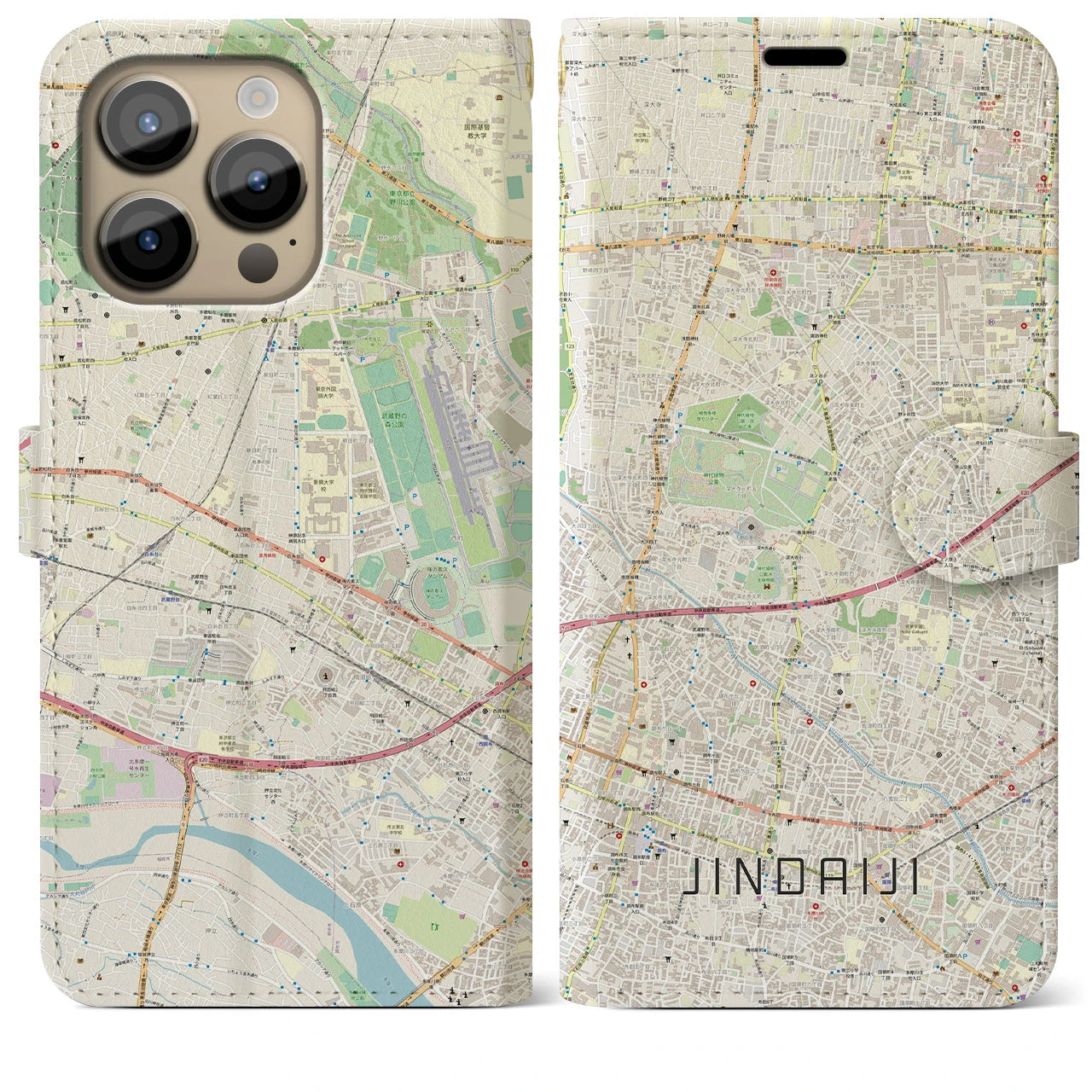 【深大寺】地図柄iPhoneケース（手帳両面タイプ・ナチュラル）iPhone 14 Pro Max 用