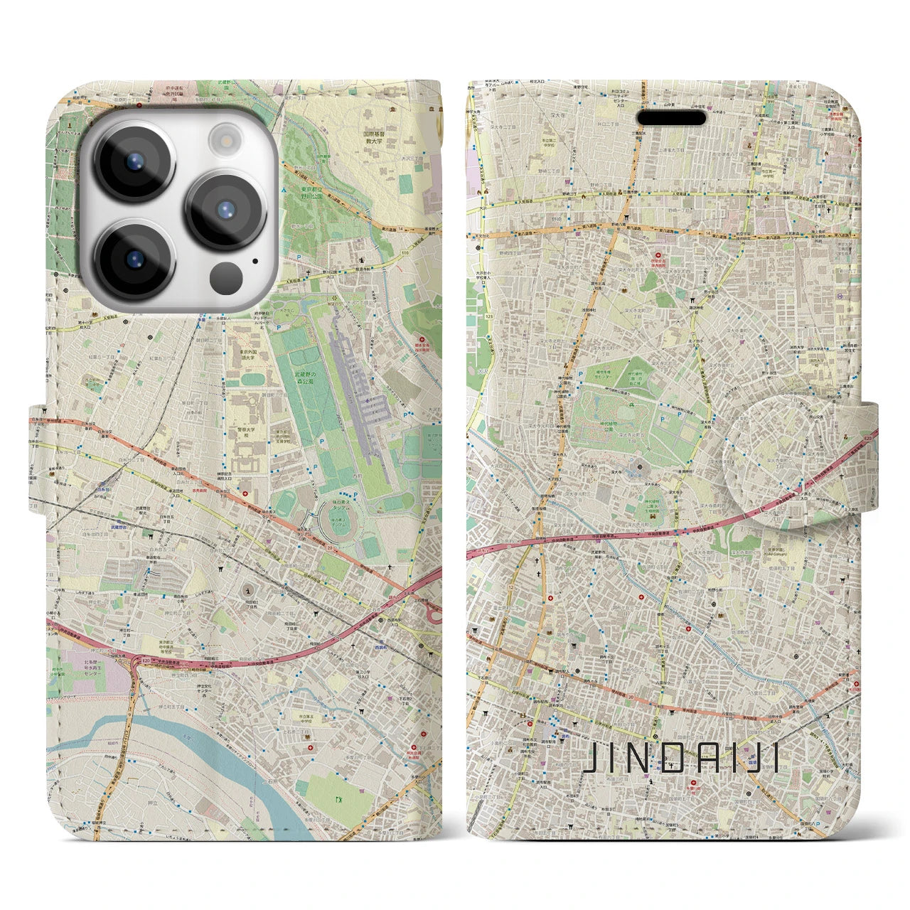 【深大寺】地図柄iPhoneケース（手帳両面タイプ・ナチュラル）iPhone 14 Pro 用