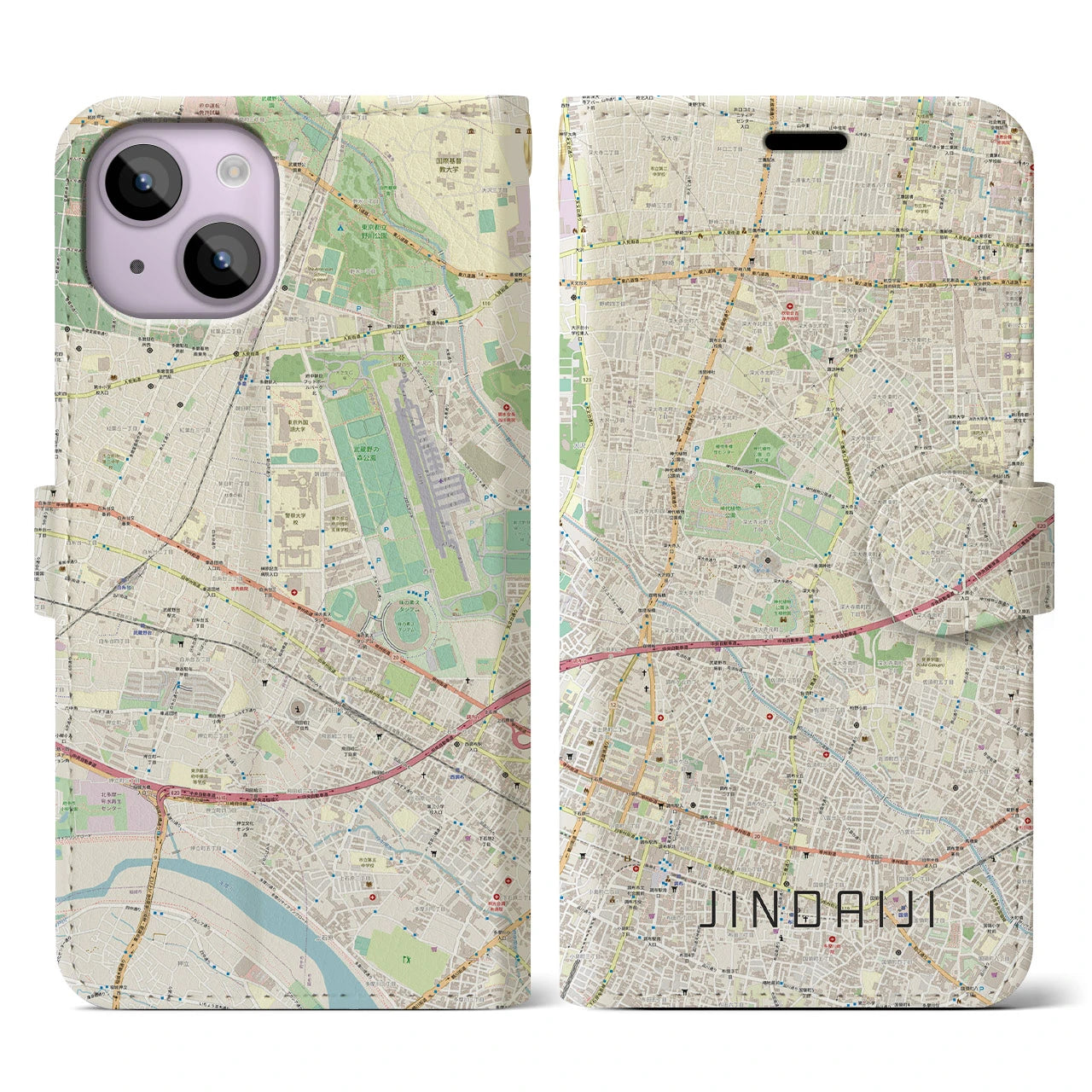 【深大寺】地図柄iPhoneケース（手帳両面タイプ・ナチュラル）iPhone 14 用