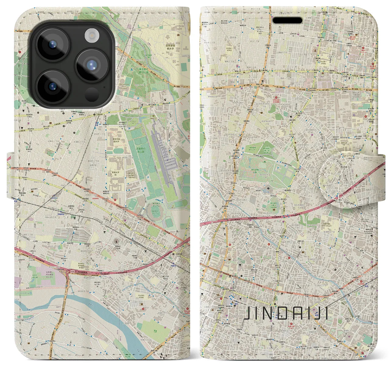【深大寺】地図柄iPhoneケース（手帳両面タイプ・ナチュラル）iPhone 15 Pro Max 用