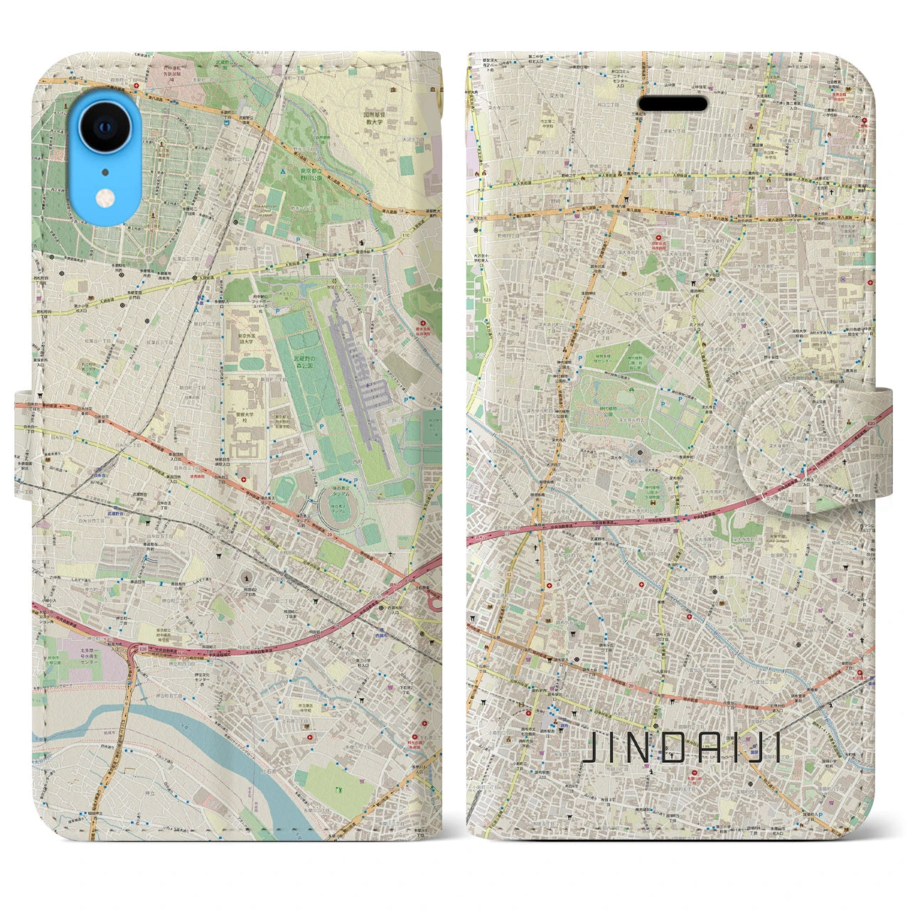 【深大寺】地図柄iPhoneケース（手帳両面タイプ・ナチュラル）iPhone XR 用