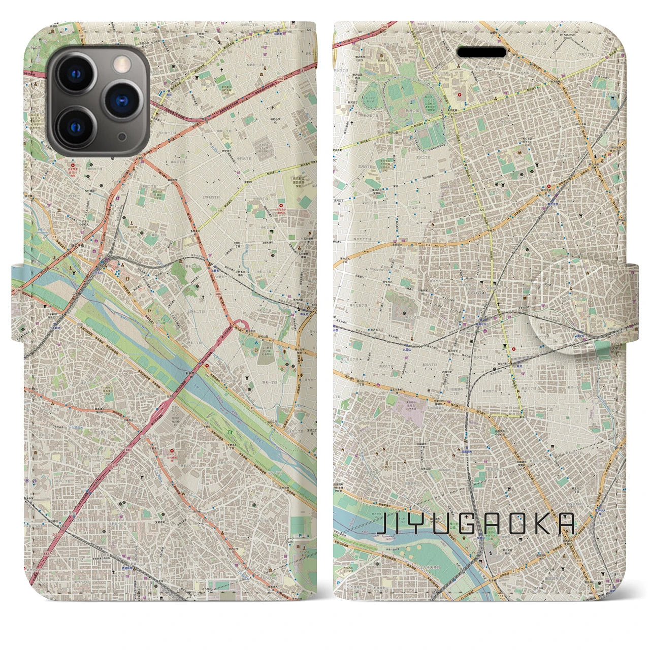 【自由が丘】地図柄iPhoneケース（手帳両面タイプ・ナチュラル）iPhone 11 Pro Max 用