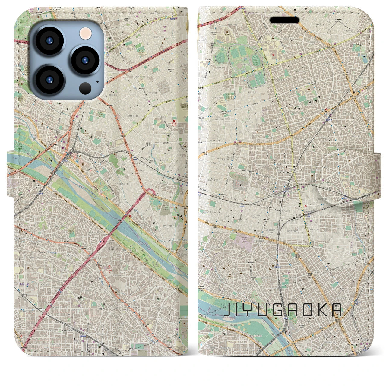 【自由が丘】地図柄iPhoneケース（手帳両面タイプ・ナチュラル）iPhone 13 Pro Max 用