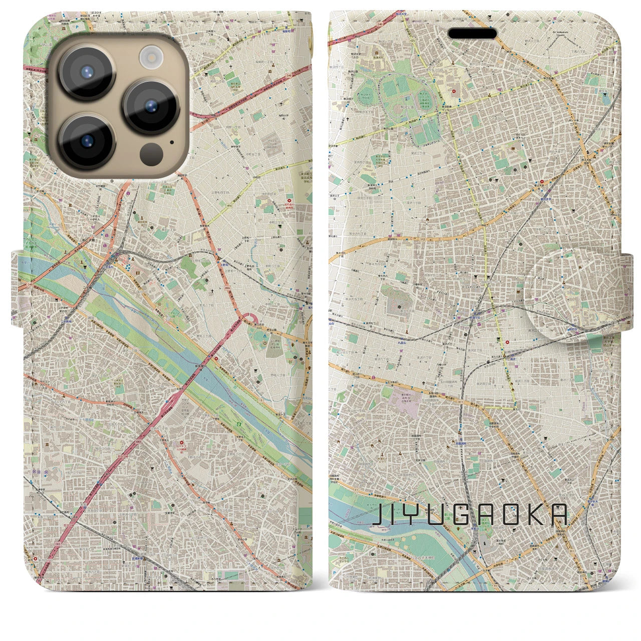 【自由が丘】地図柄iPhoneケース（手帳両面タイプ・ナチュラル）iPhone 14 Pro Max 用