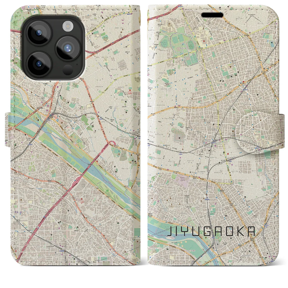 【自由が丘】地図柄iPhoneケース（手帳両面タイプ・ナチュラル）iPhone 15 Pro Max 用
