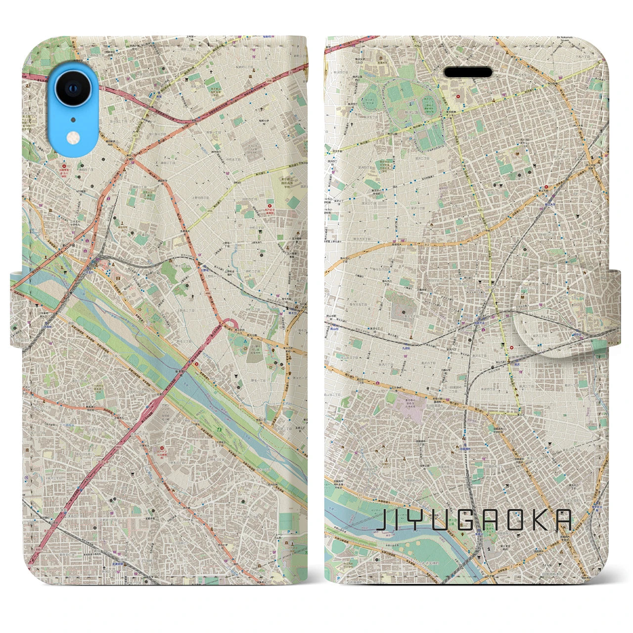 【自由が丘】地図柄iPhoneケース（手帳両面タイプ・ナチュラル）iPhone XR 用
