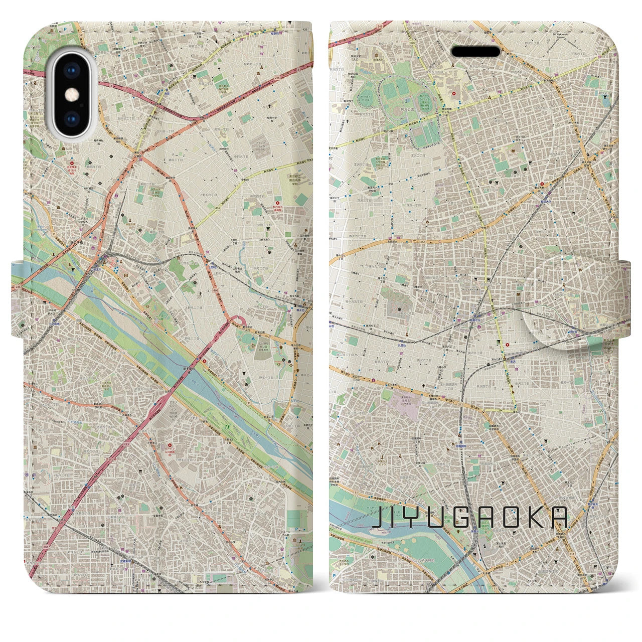 【自由が丘】地図柄iPhoneケース（手帳両面タイプ・ナチュラル）iPhone XS Max 用