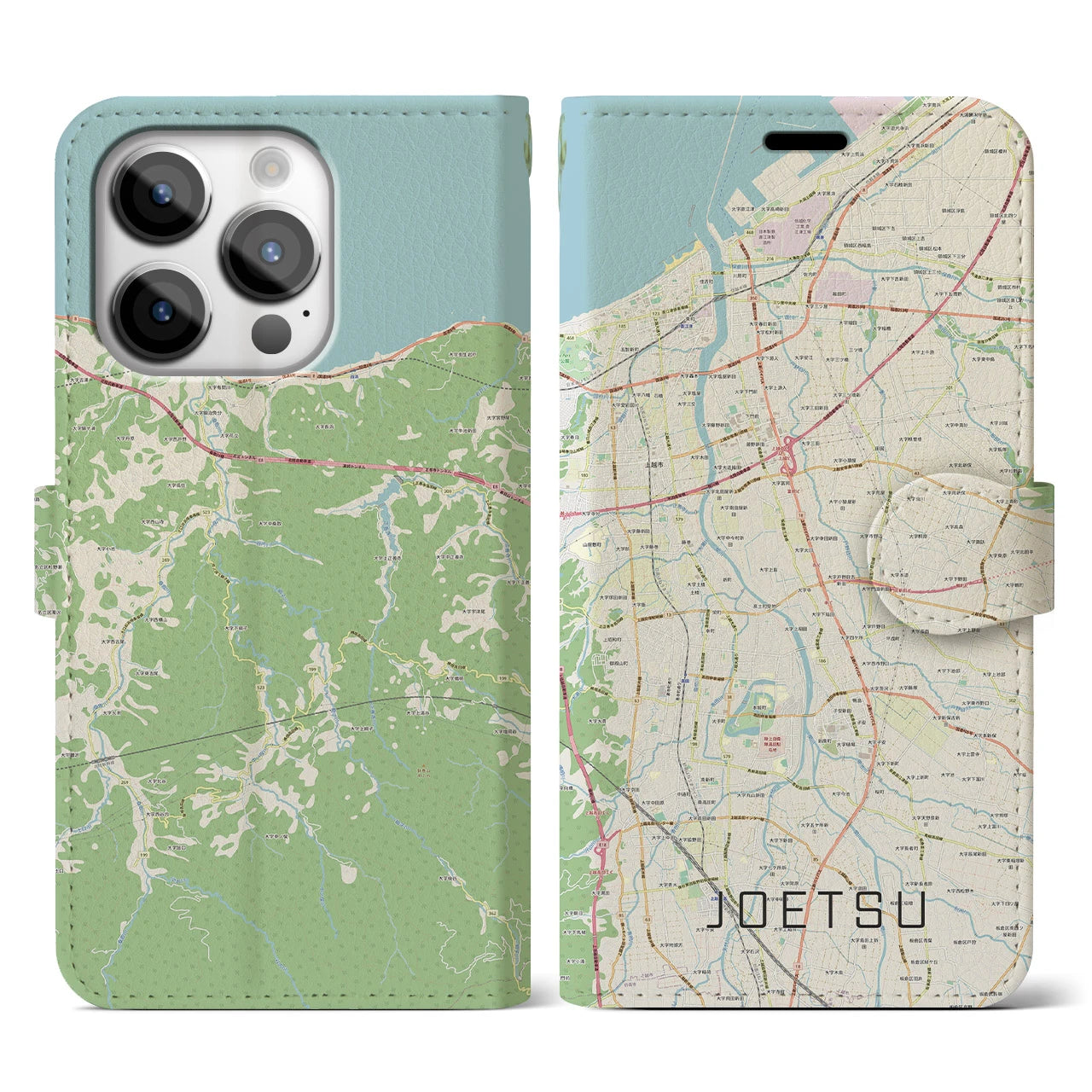 【上越】地図柄iPhoneケース（手帳両面タイプ・ナチュラル）iPhone 14 Pro 用