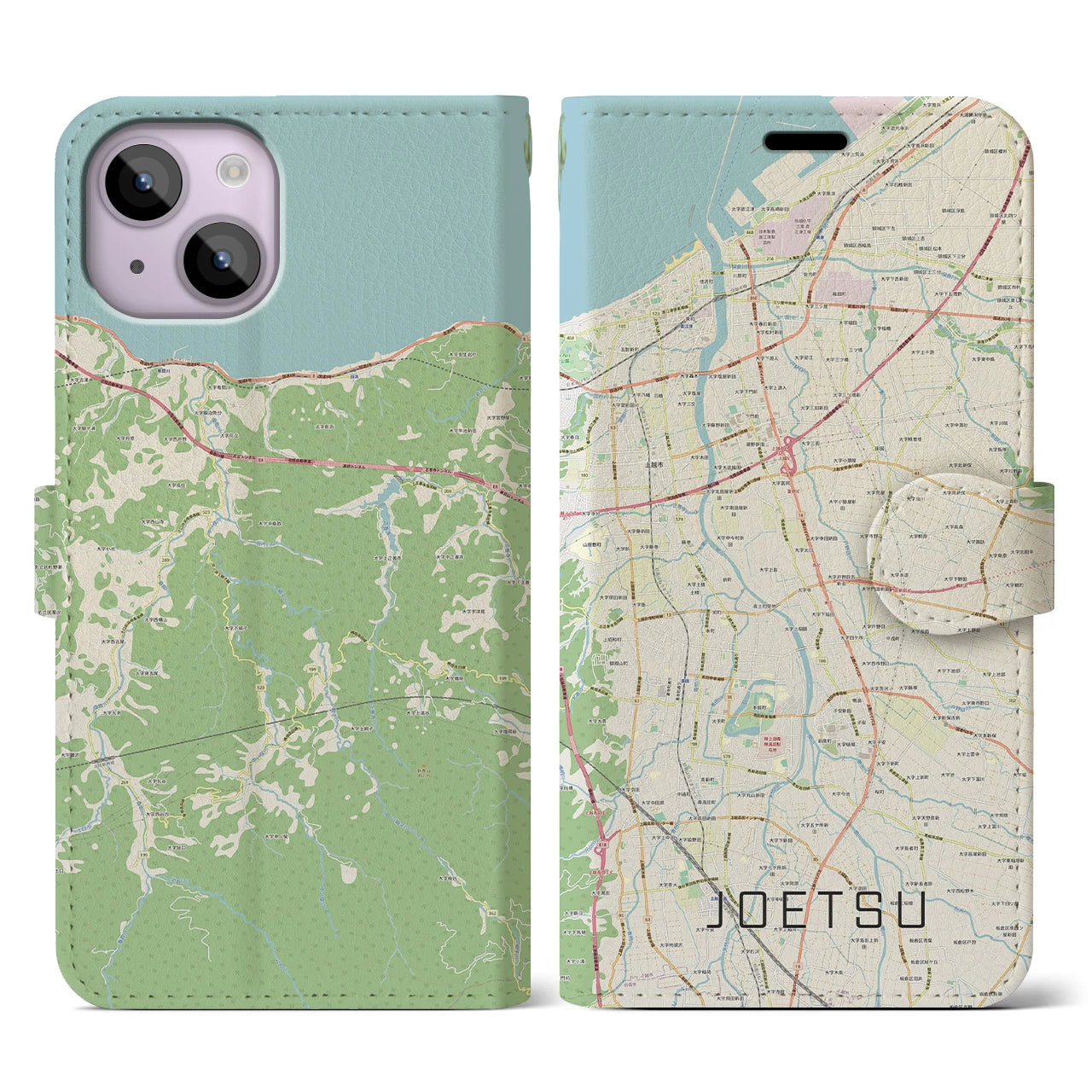 【上越】地図柄iPhoneケース（手帳両面タイプ・ナチュラル）iPhone 14 用