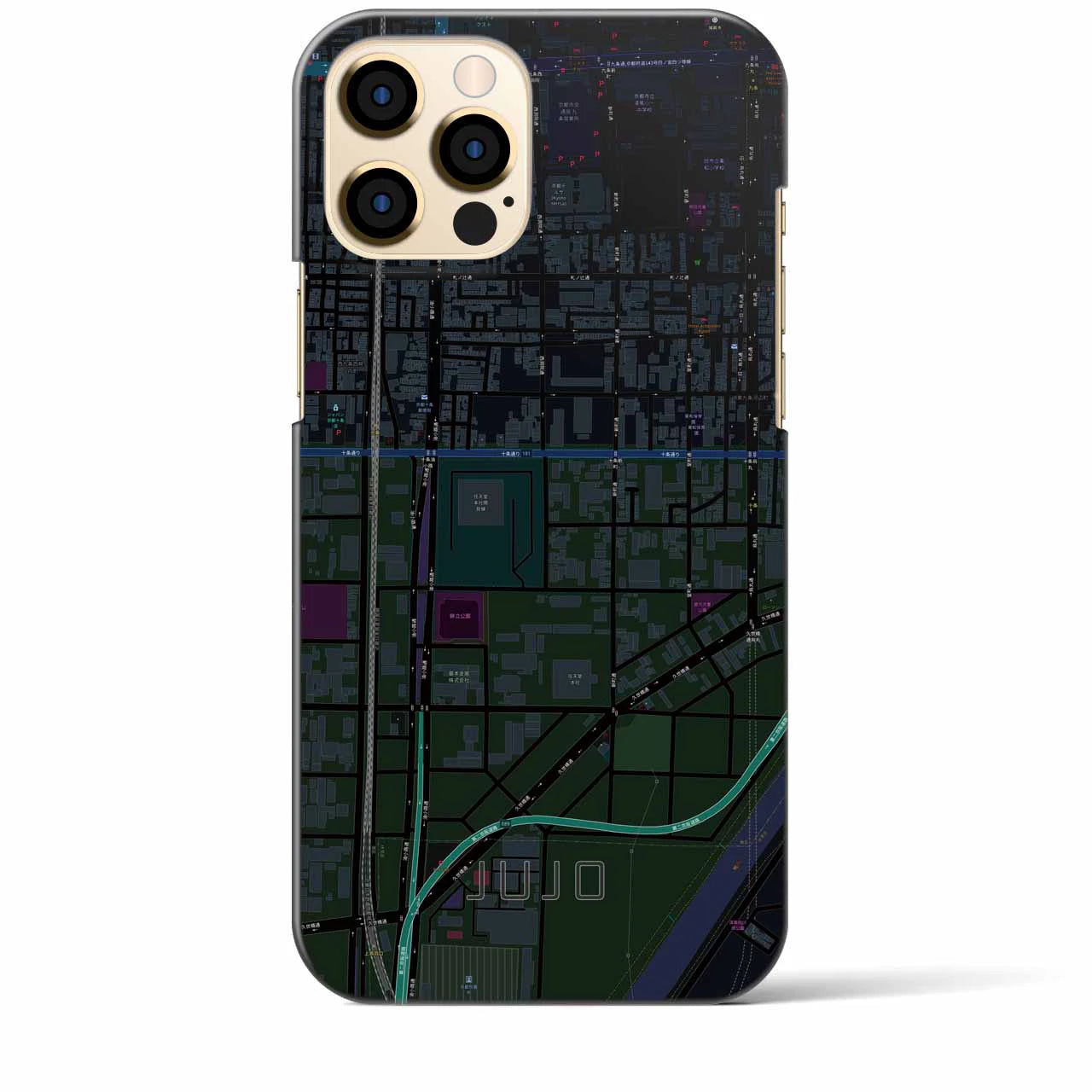 【十条（京都府）】地図柄iPhoneケース（バックカバータイプ・ブラック）iPhone 12 Pro Max 用