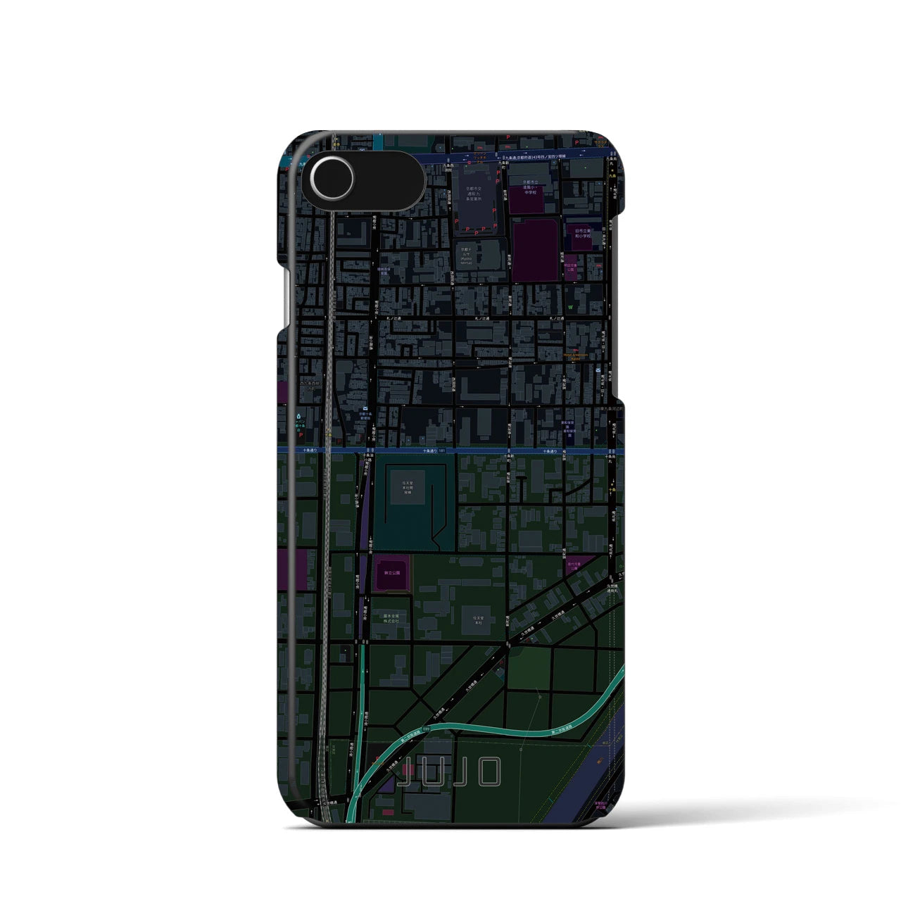 【十条（京都府）】地図柄iPhoneケース（バックカバータイプ・ブラック）iPhone SE（第3 / 第2世代） / 8 / 7 / 6s / 6 用