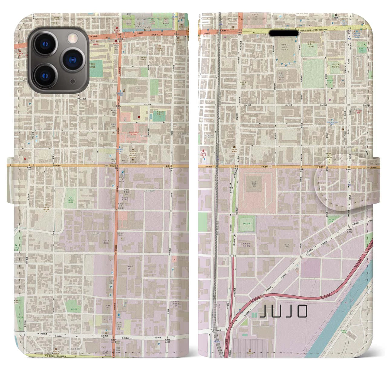 【十条（京都府）】地図柄iPhoneケース（手帳両面タイプ・ナチュラル）iPhone 11 Pro Max 用