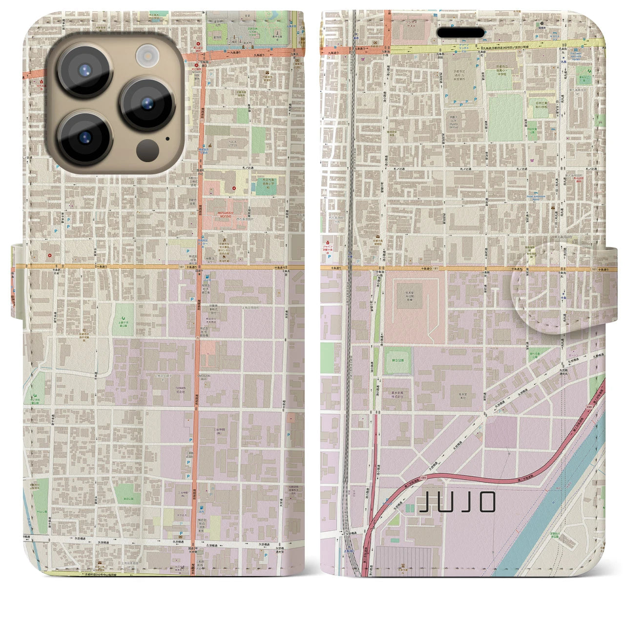 【十条（京都府）】地図柄iPhoneケース（手帳両面タイプ・ナチュラル）iPhone 14 Pro Max 用