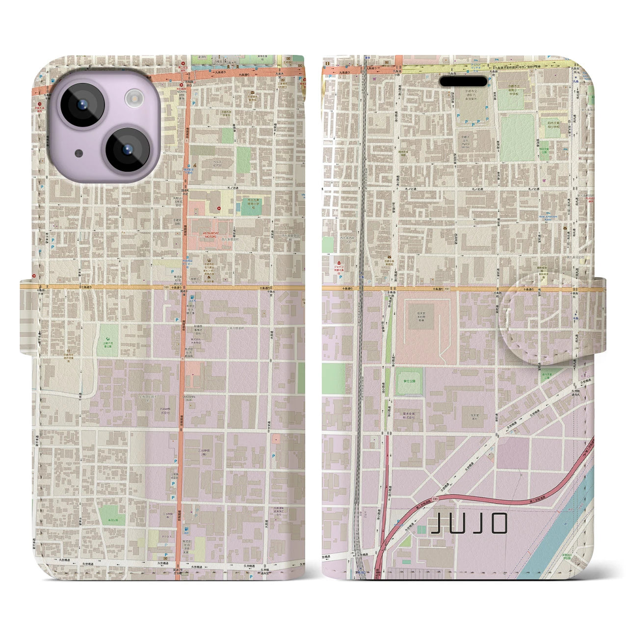 【十条（京都府）】地図柄iPhoneケース（手帳両面タイプ・ナチュラル）iPhone 14 用