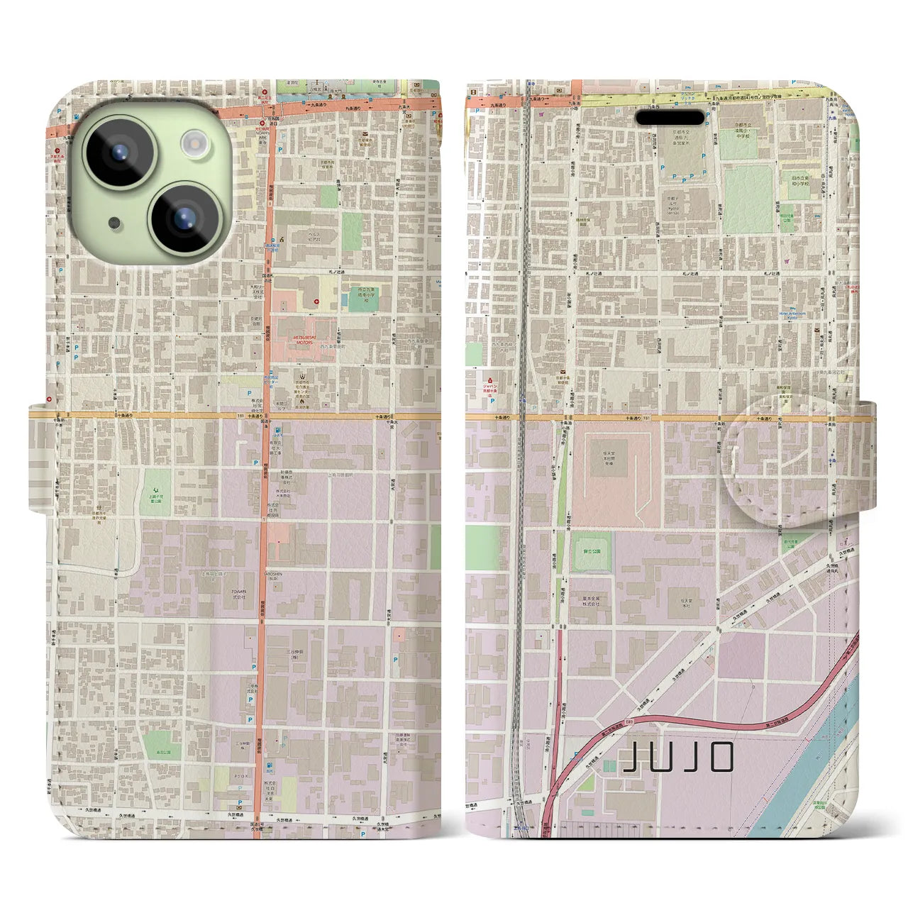 【十条（京都府）】地図柄iPhoneケース（手帳両面タイプ・ナチュラル）iPhone 15 用