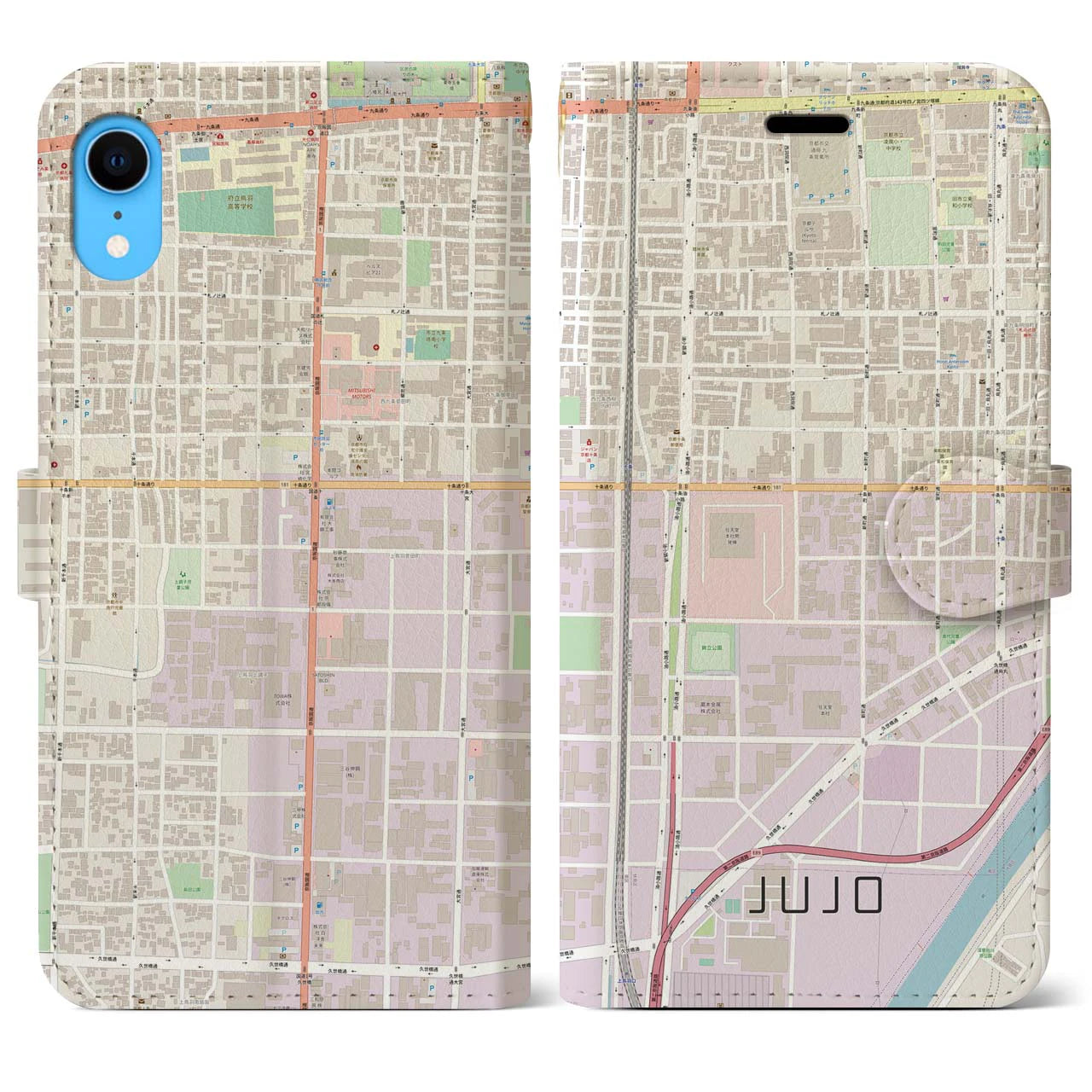 【十条（京都府）】地図柄iPhoneケース（手帳両面タイプ・ナチュラル）iPhone XR 用