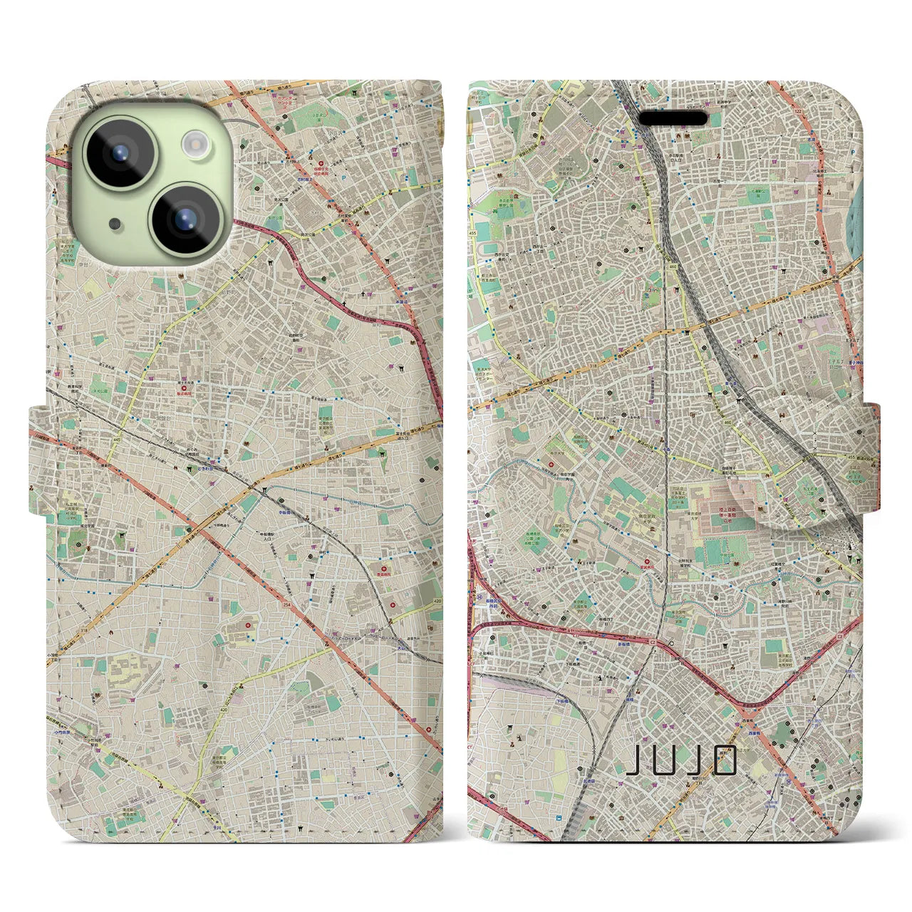 【十条】地図柄iPhoneケース（手帳両面タイプ・ナチュラル）iPhone 15 用