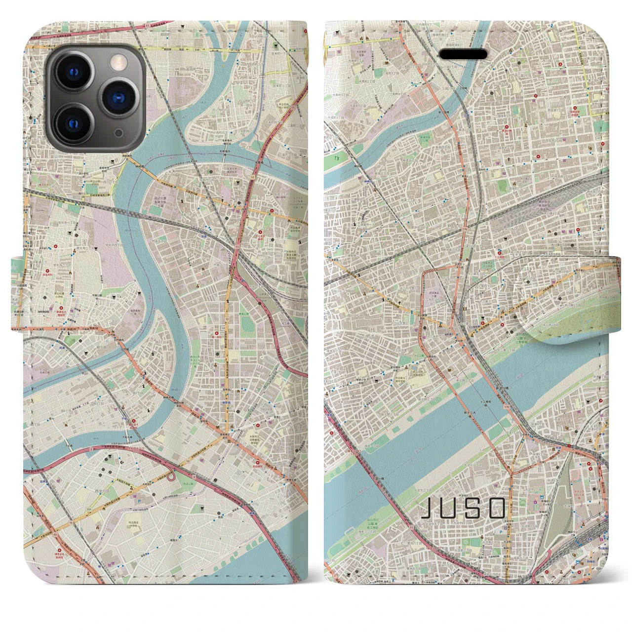 【十三】地図柄iPhoneケース（手帳両面タイプ・ナチュラル）iPhone 11 Pro Max 用