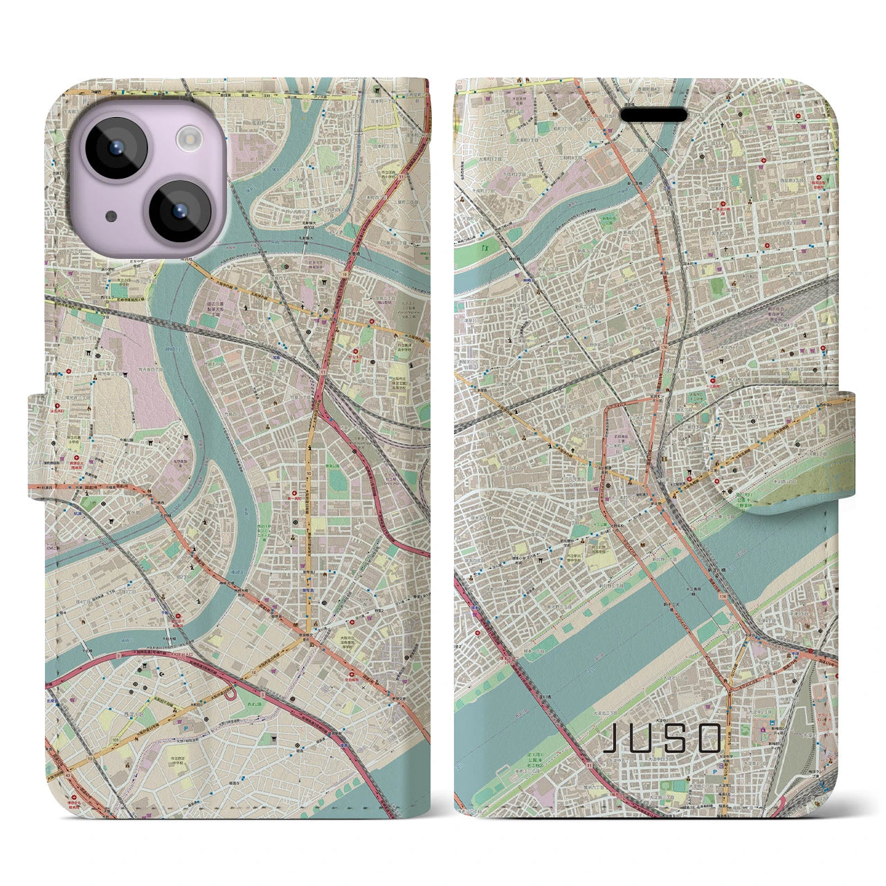 【十三】地図柄iPhoneケース（手帳両面タイプ・ナチュラル）iPhone 14 用