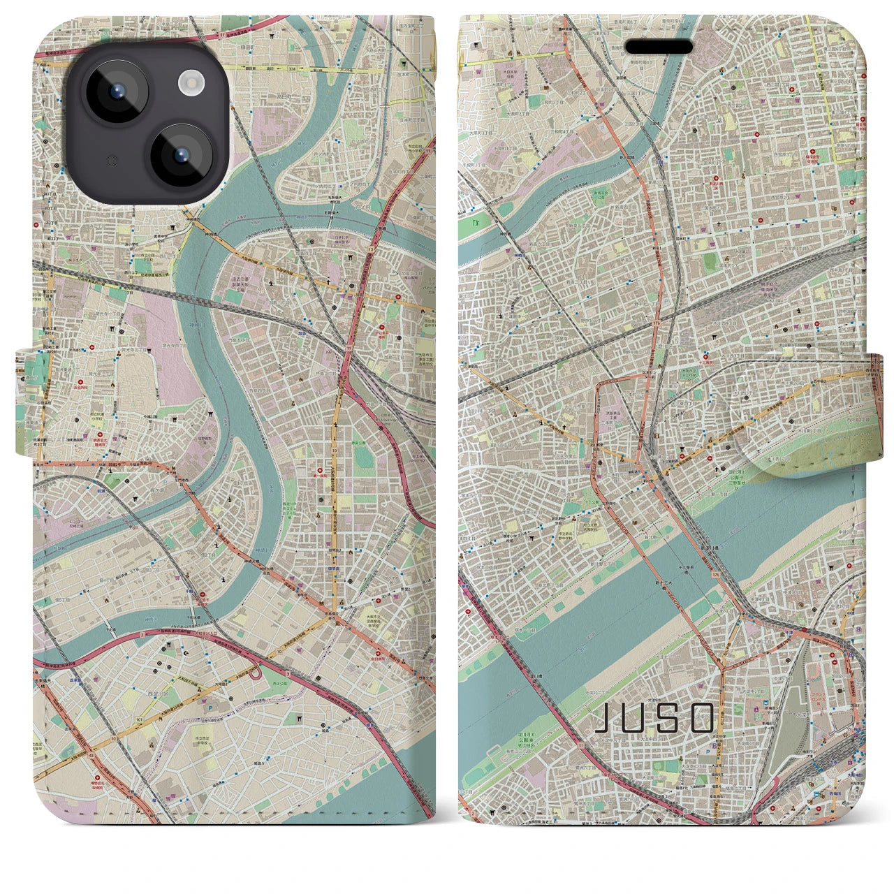 【十三】地図柄iPhoneケース（手帳両面タイプ・ナチュラル）iPhone 14 Plus 用