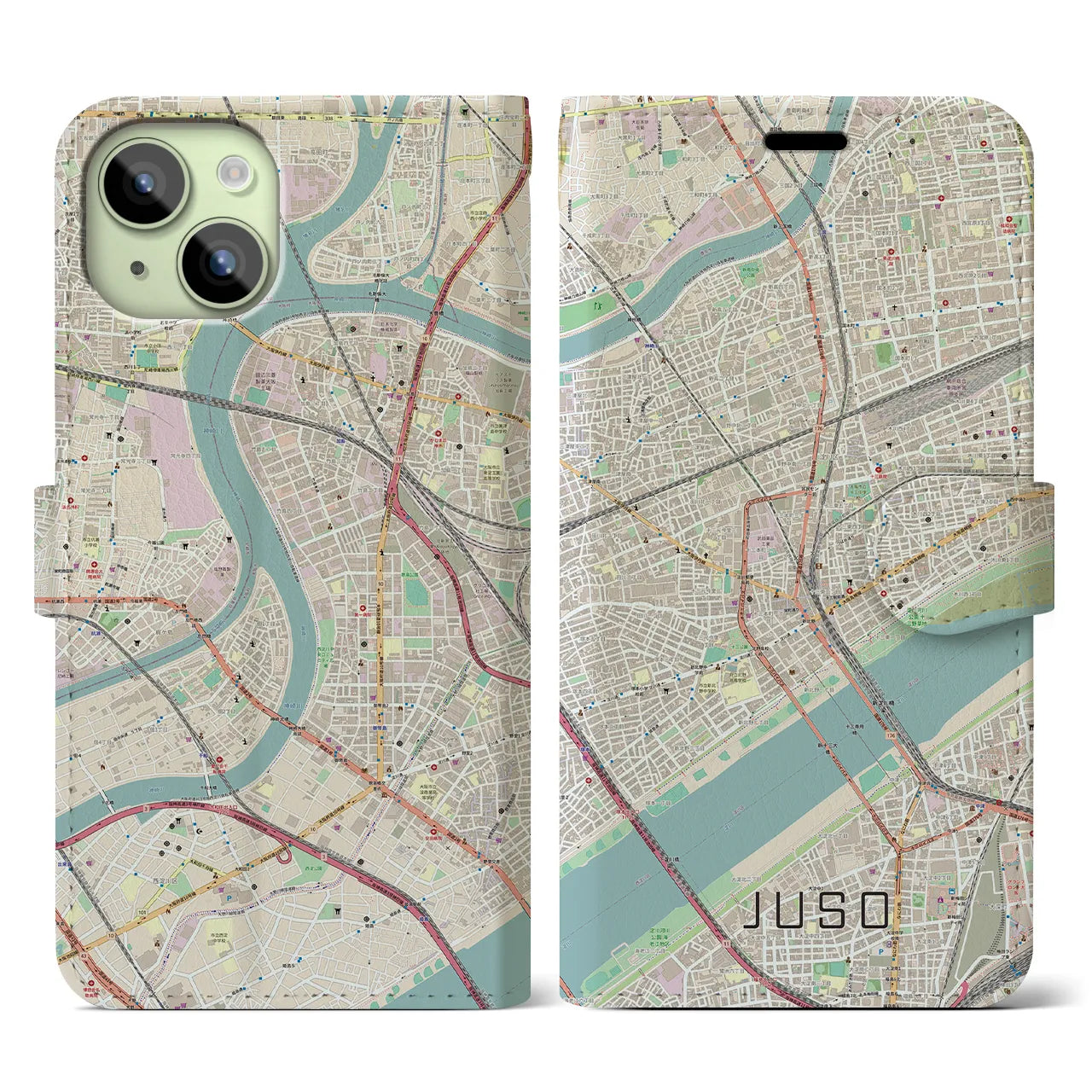【十三】地図柄iPhoneケース（手帳両面タイプ・ナチュラル）iPhone 15 用