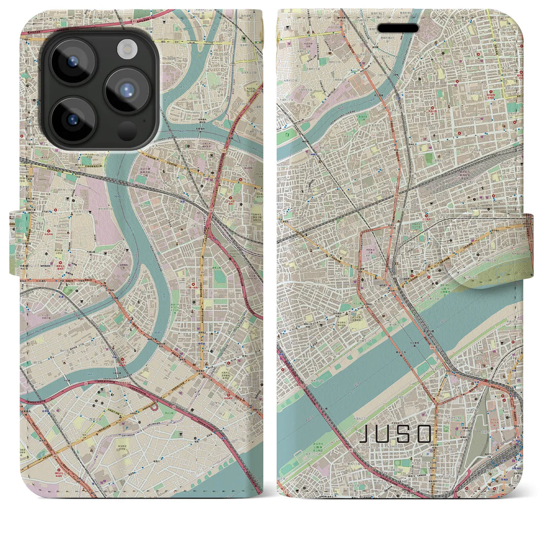 【十三】地図柄iPhoneケース（手帳両面タイプ・ナチュラル）iPhone 15 Pro Max 用