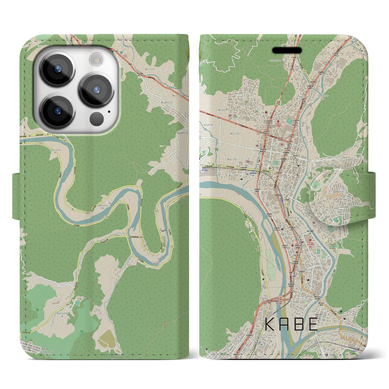 【可部】地図柄iPhoneケース（手帳両面タイプ・ナチュラル）iPhone 14 Pro 用