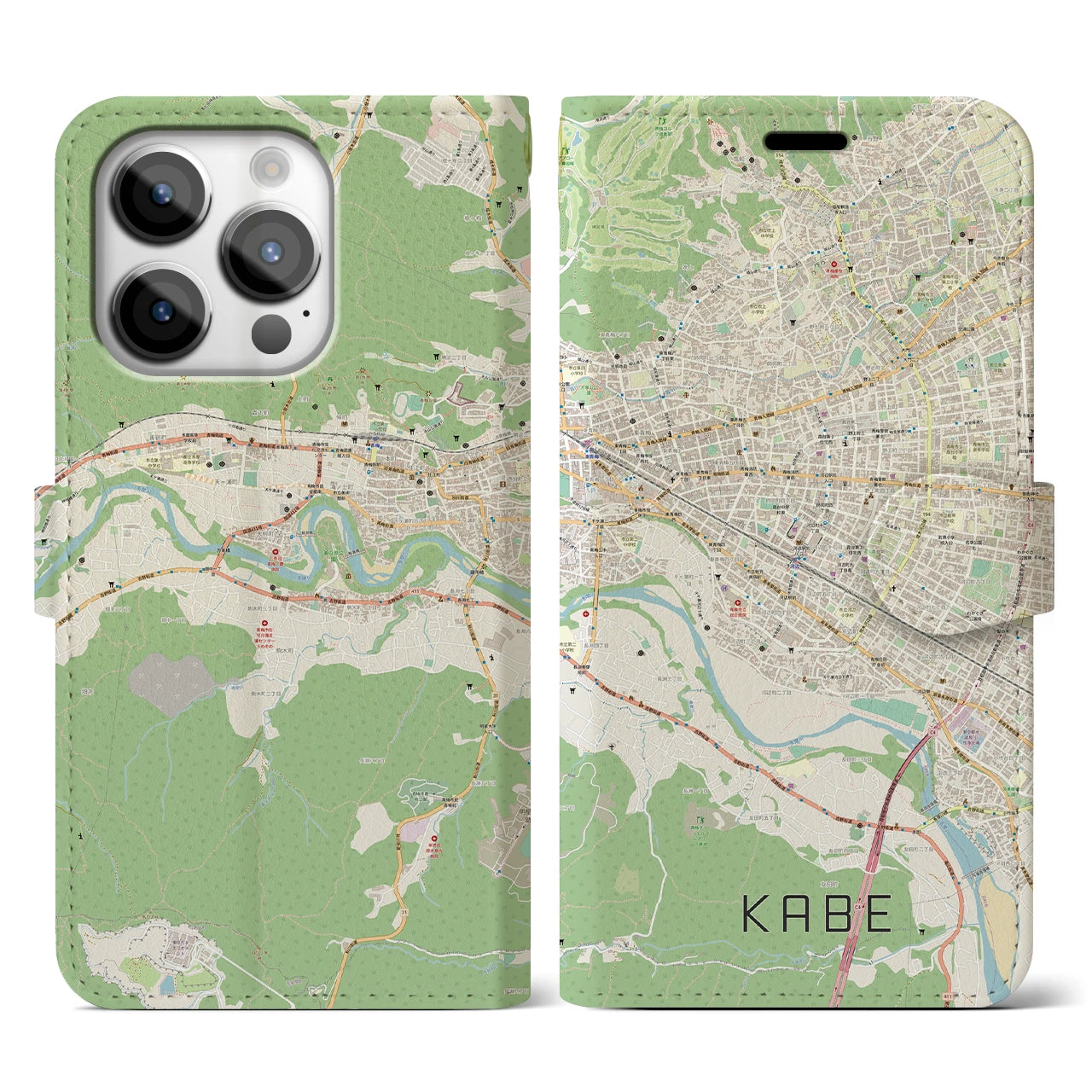 【河辺】地図柄iPhoneケース（手帳両面タイプ・ナチュラル）iPhone 14 Pro 用