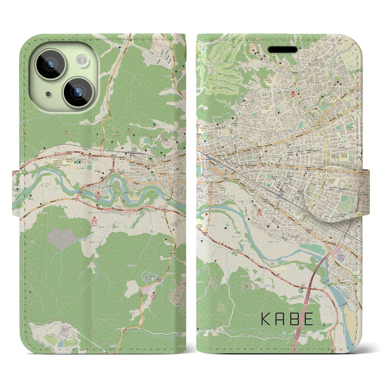 【河辺】地図柄iPhoneケース（手帳両面タイプ・ナチュラル）iPhone 15 用