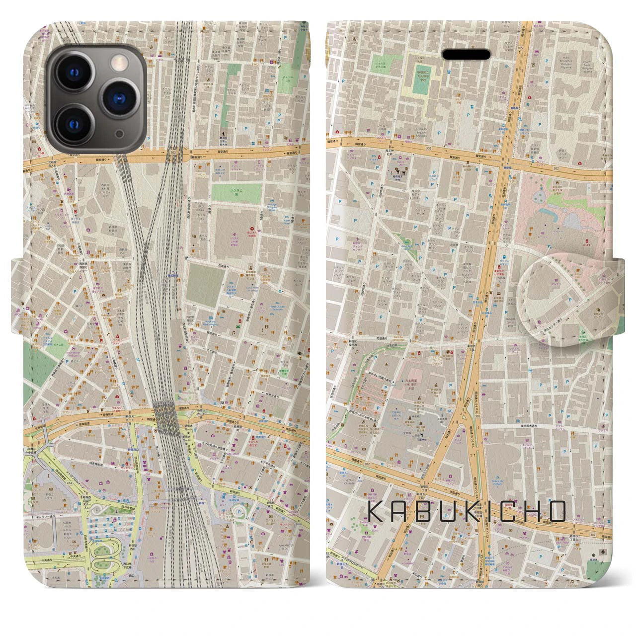 【歌舞伎町】地図柄iPhoneケース（手帳両面タイプ・ナチュラル）iPhone 11 Pro Max 用