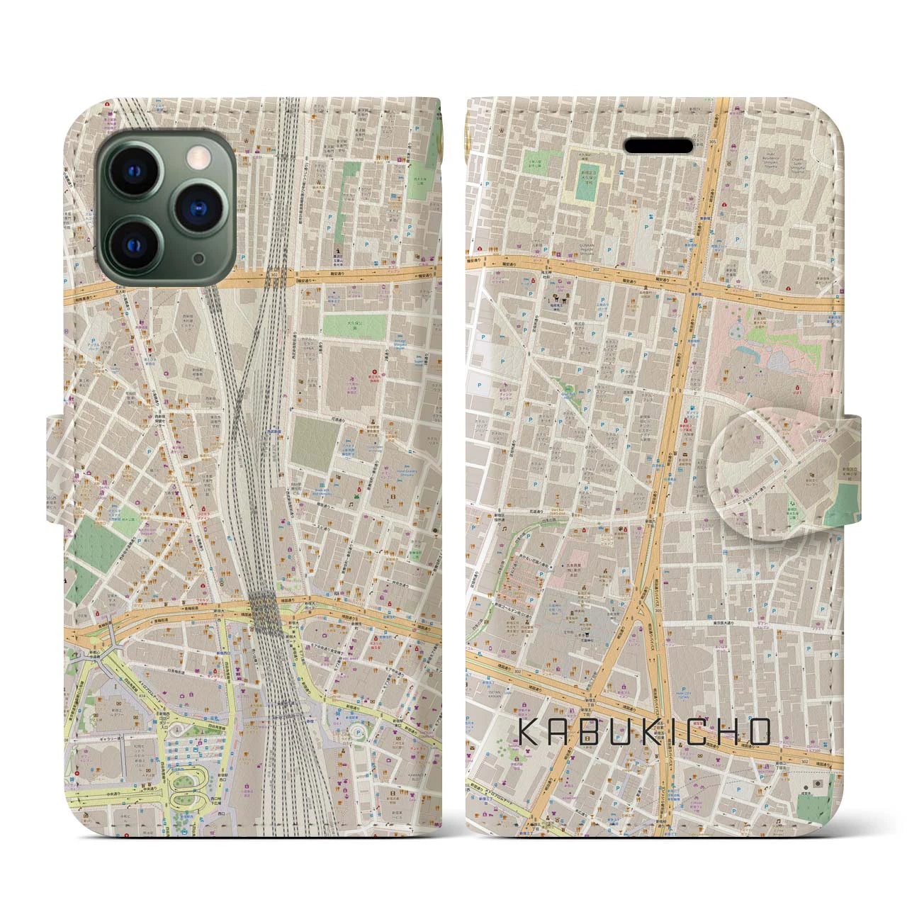 【歌舞伎町】地図柄iPhoneケース（手帳両面タイプ・ナチュラル）iPhone 11 Pro 用