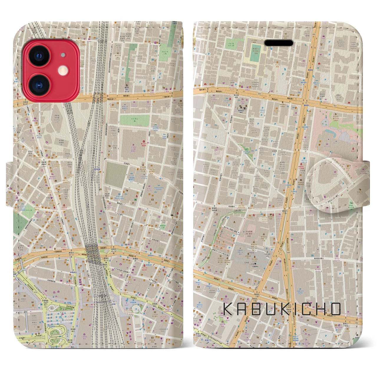 【歌舞伎町】地図柄iPhoneケース（手帳両面タイプ・ナチュラル）iPhone 11 用