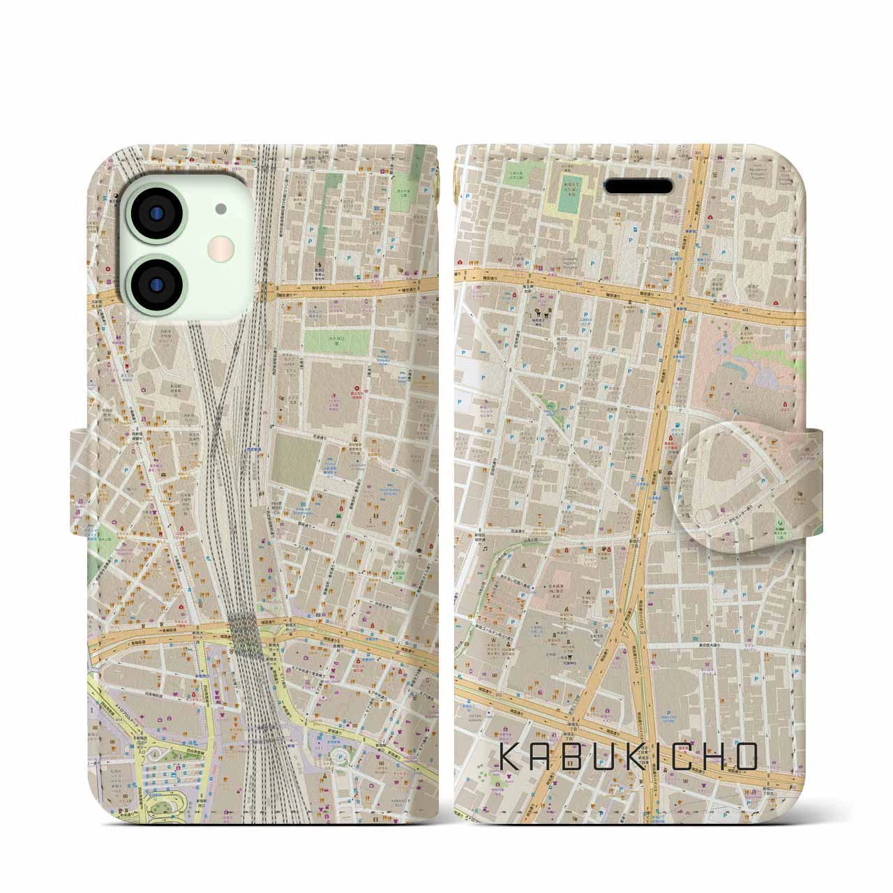 【歌舞伎町】地図柄iPhoneケース（手帳両面タイプ・ナチュラル）iPhone 12 mini 用