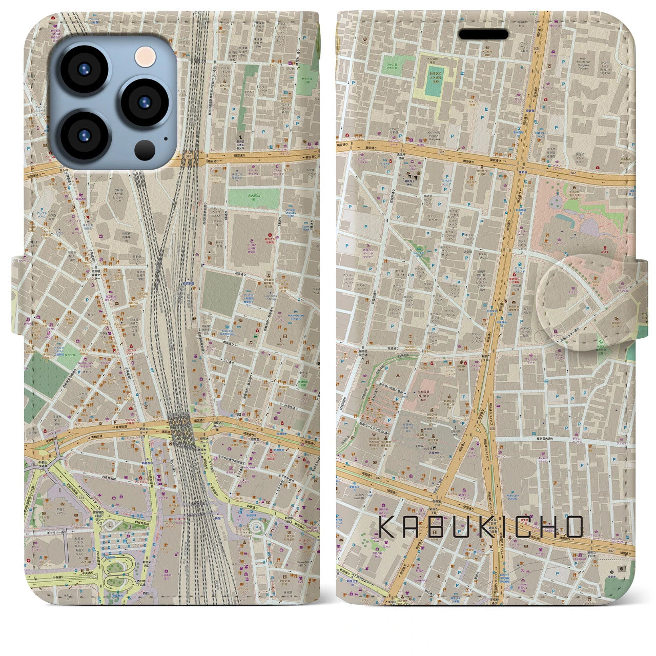 【歌舞伎町】地図柄iPhoneケース（手帳両面タイプ・ナチュラル）iPhone 13 Pro Max 用