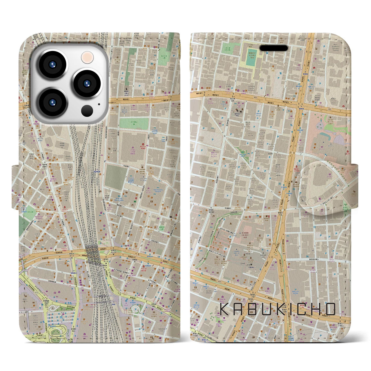 【歌舞伎町】地図柄iPhoneケース（手帳両面タイプ・ナチュラル）iPhone 13 Pro 用