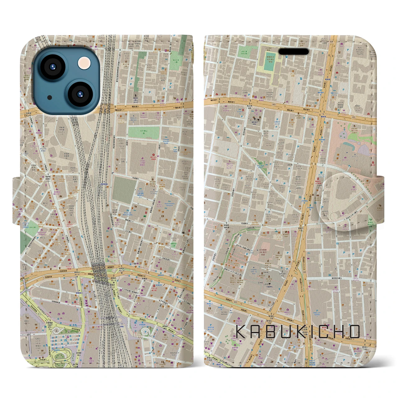 【歌舞伎町】地図柄iPhoneケース（手帳両面タイプ・ナチュラル）iPhone 13 用