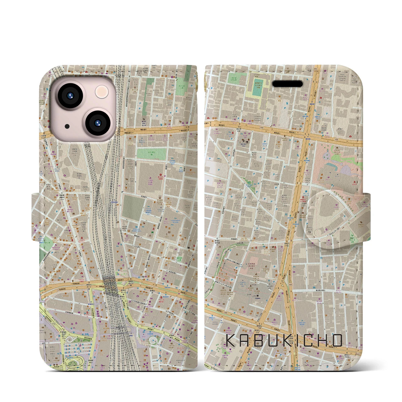 【歌舞伎町】地図柄iPhoneケース（手帳両面タイプ・ナチュラル）iPhone 13 mini 用