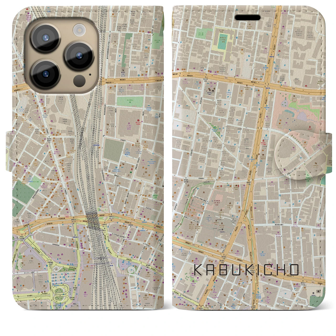 【歌舞伎町】地図柄iPhoneケース（手帳両面タイプ・ナチュラル）iPhone 14 Pro Max 用