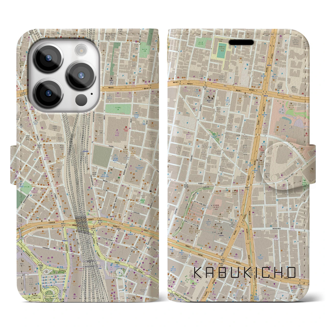 【歌舞伎町】地図柄iPhoneケース（手帳両面タイプ・ナチュラル）iPhone 14 Pro 用