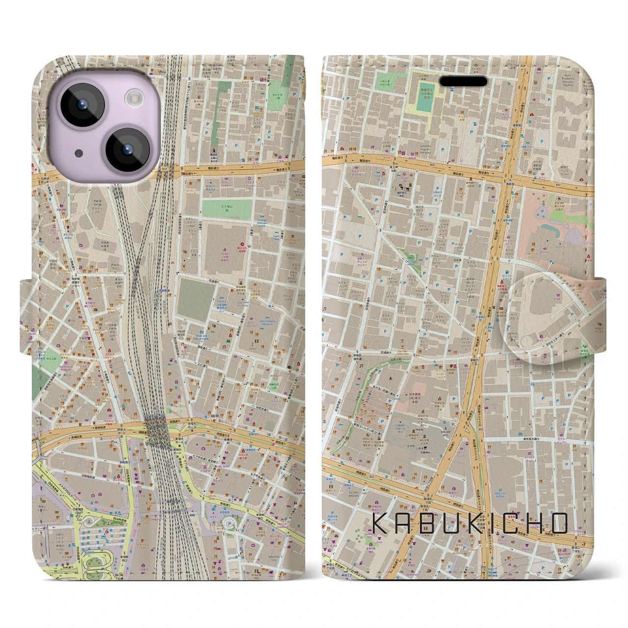 【歌舞伎町】地図柄iPhoneケース（手帳両面タイプ・ナチュラル）iPhone 14 用