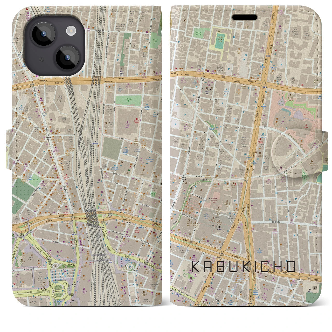 【歌舞伎町】地図柄iPhoneケース（手帳両面タイプ・ナチュラル）iPhone 14 Plus 用