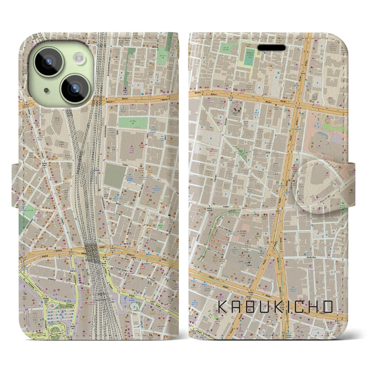 【歌舞伎町】地図柄iPhoneケース（手帳両面タイプ・ナチュラル）iPhone 15 用
