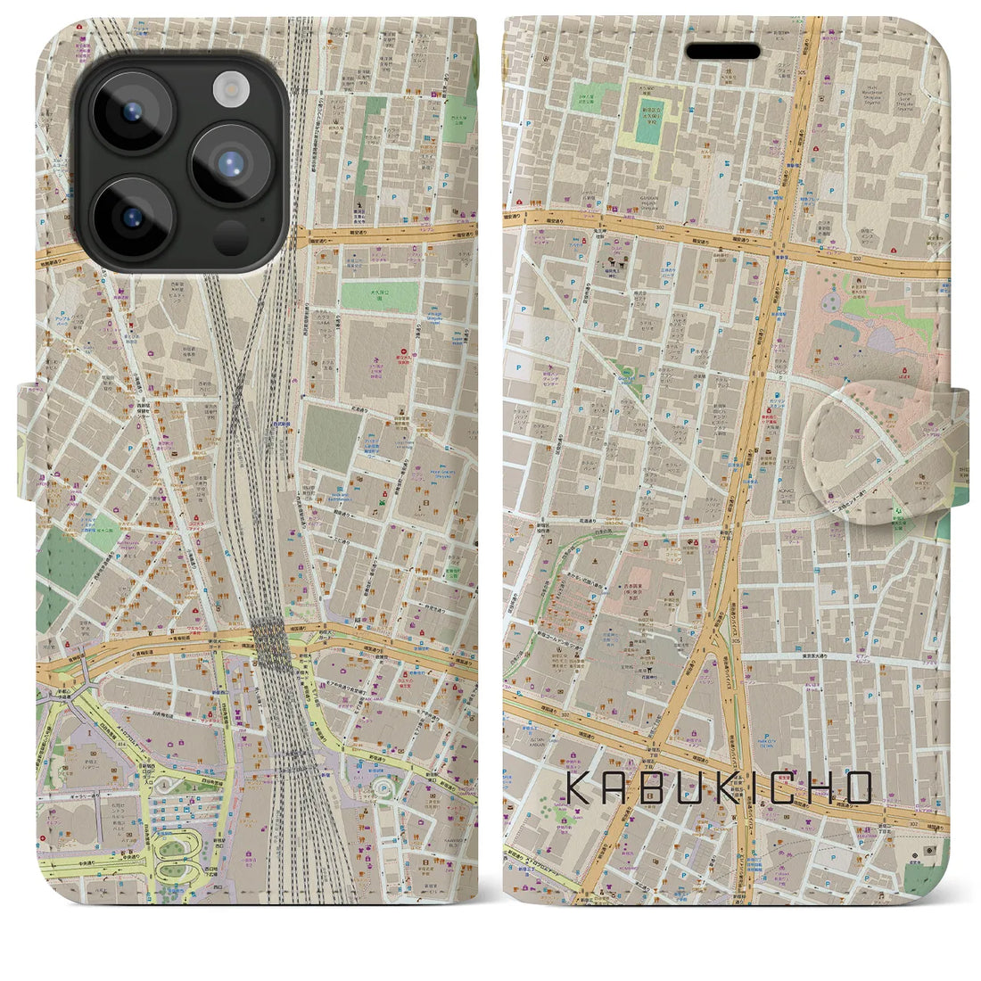 【歌舞伎町】地図柄iPhoneケース（手帳両面タイプ・ナチュラル）iPhone 15 Pro Max 用