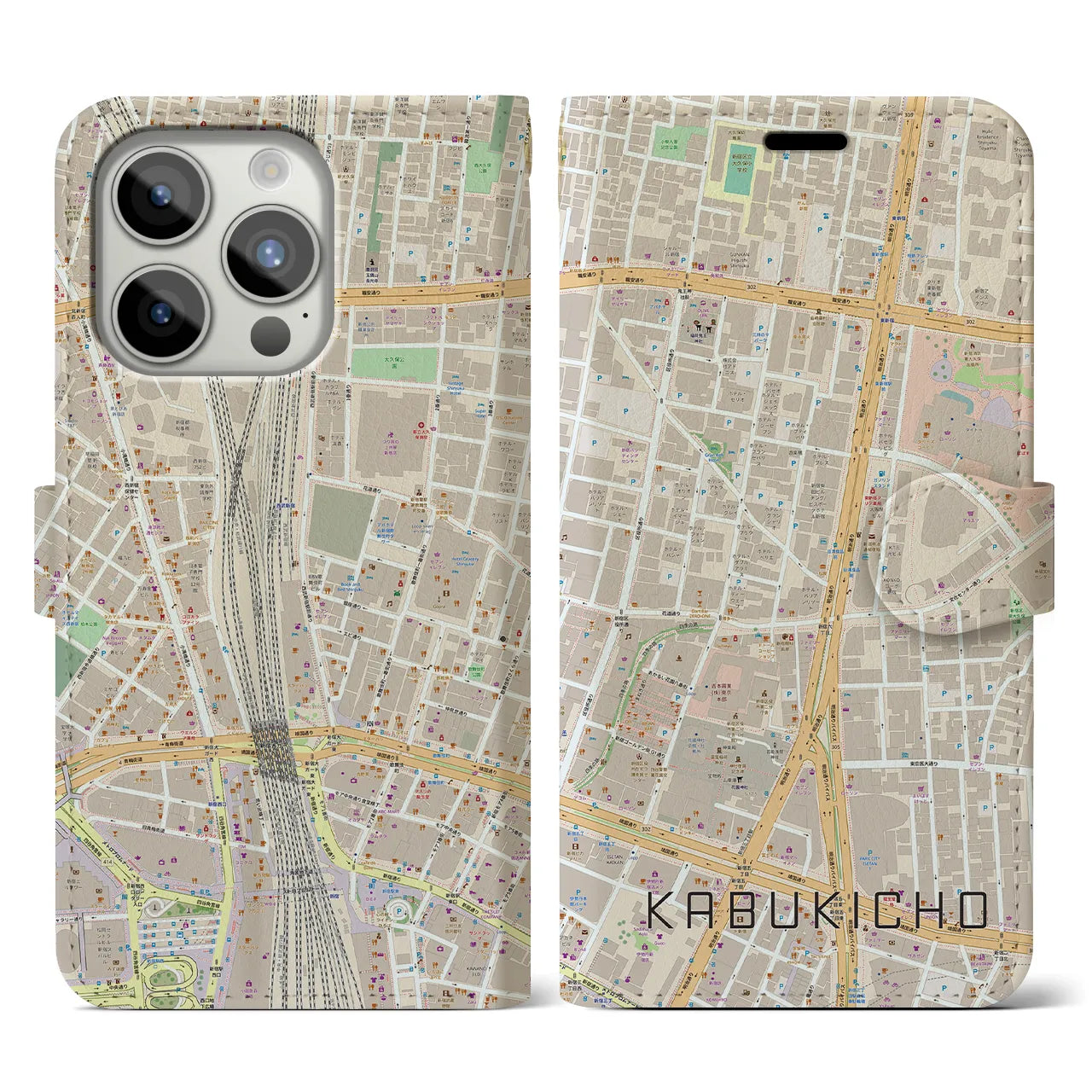 【歌舞伎町】地図柄iPhoneケース（手帳両面タイプ・ナチュラル）iPhone 15 Pro 用
