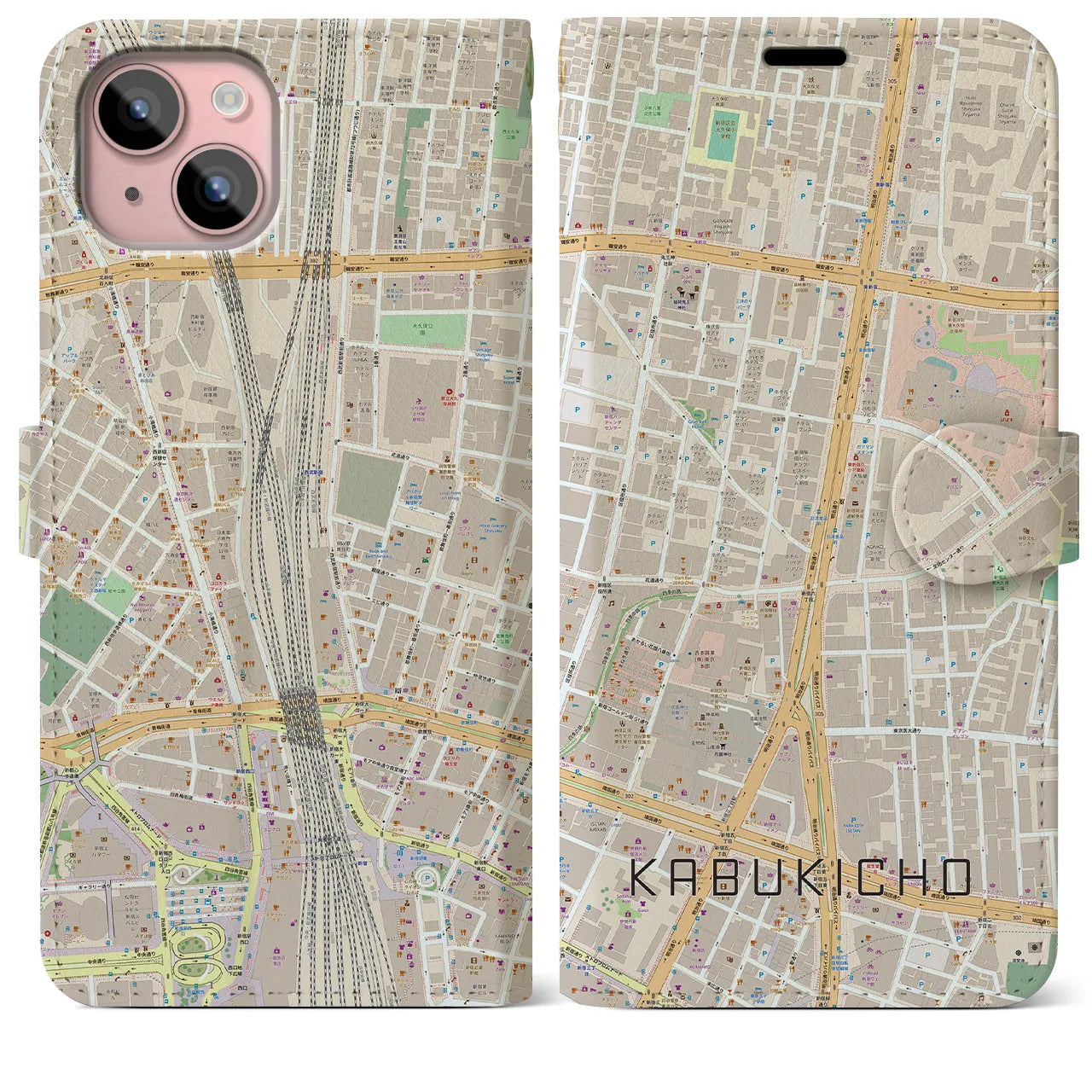 【歌舞伎町】地図柄iPhoneケース（手帳両面タイプ・ナチュラル）iPhone 15 Plus 用