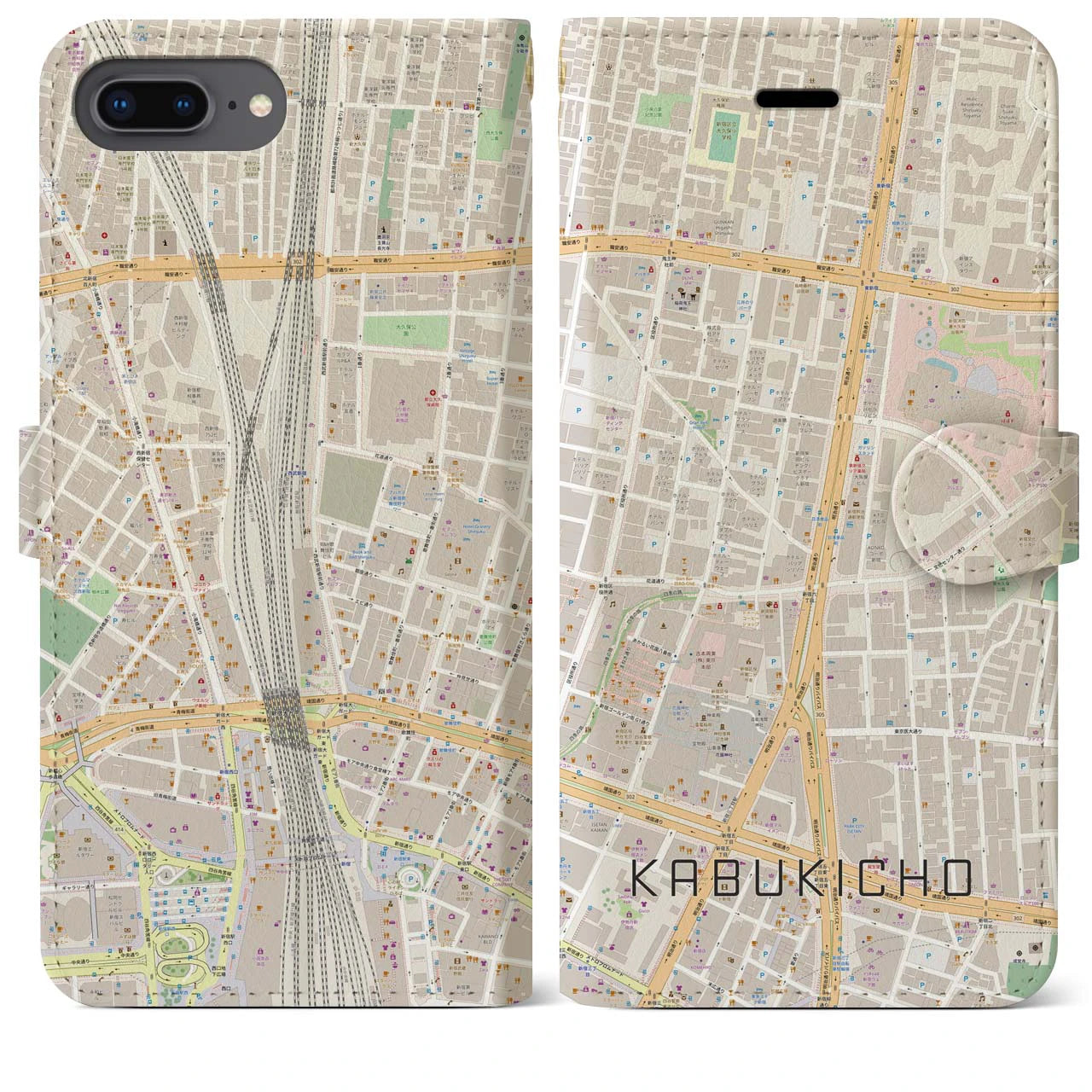 【歌舞伎町】地図柄iPhoneケース（手帳両面タイプ・ナチュラル）iPhone 8Plus /7Plus / 6sPlus / 6Plus 用