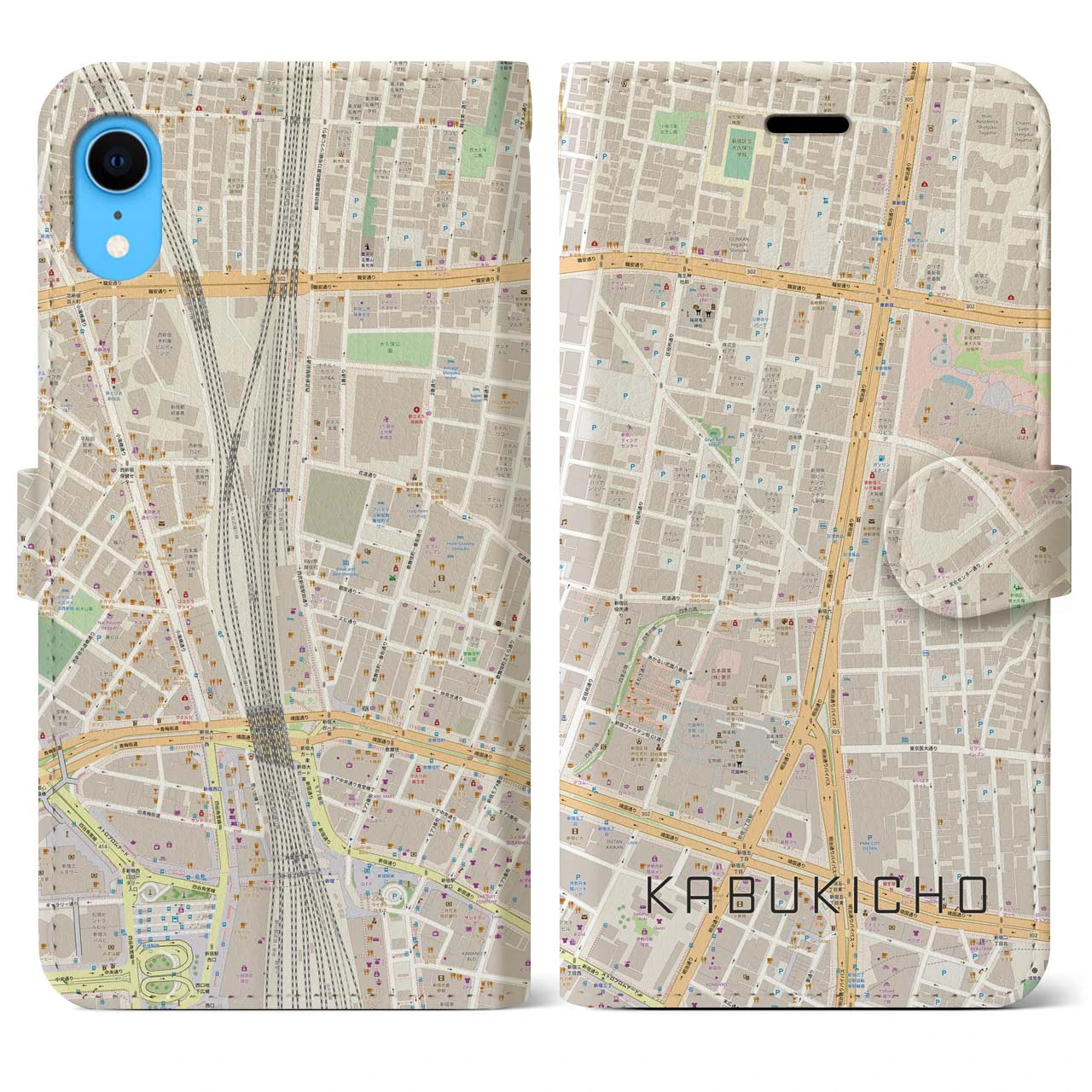 【歌舞伎町】地図柄iPhoneケース（手帳両面タイプ・ナチュラル）iPhone XR 用