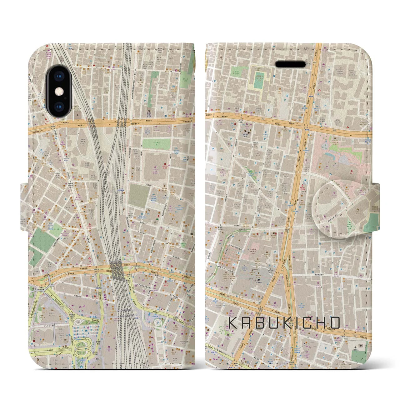 【歌舞伎町】地図柄iPhoneケース（手帳両面タイプ・ナチュラル）iPhone XS / X 用