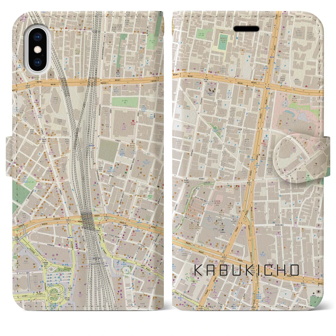 【歌舞伎町】地図柄iPhoneケース（手帳両面タイプ・ナチュラル）iPhone XS Max 用