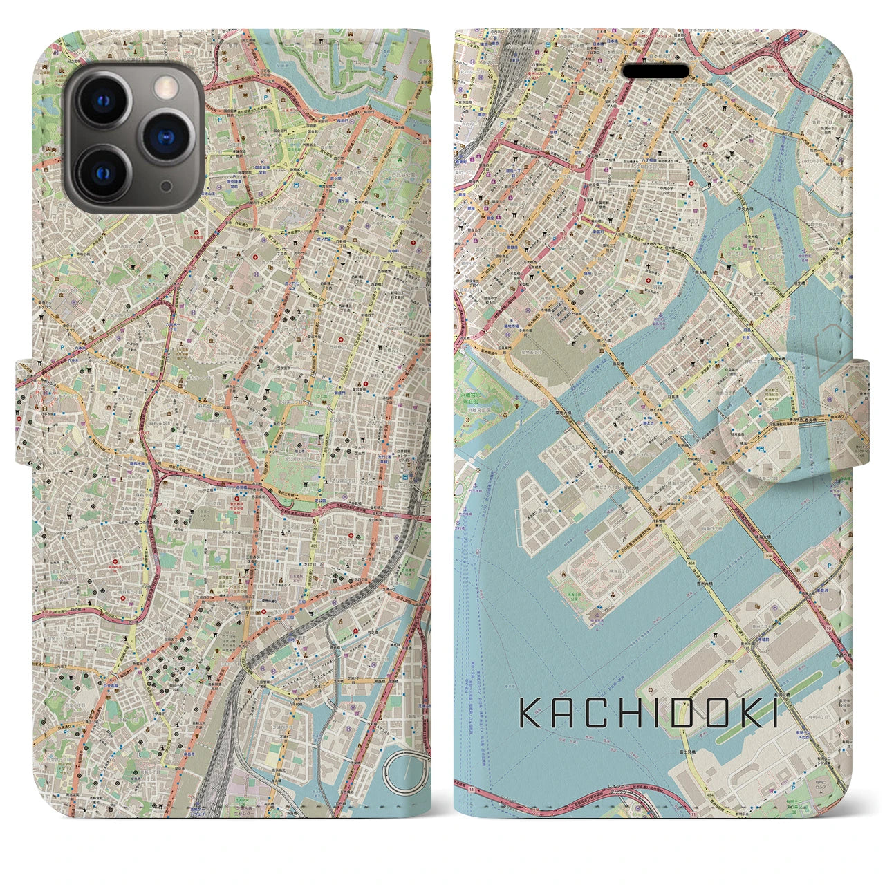 【勝どき】地図柄iPhoneケース（手帳両面タイプ・ナチュラル）iPhone 11 Pro Max 用